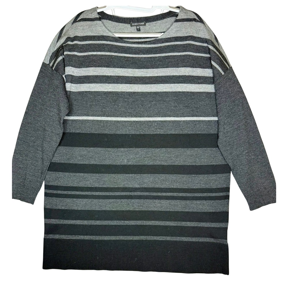 Eileen Fisher Womens 100% Merino Wool Gray Black Stripe Long Tunic Sweater L